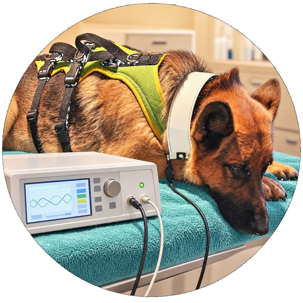 Chien lors d'une séance de biorésonance avec un appareil BICOM